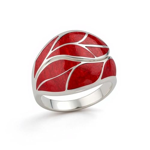 Bague corail rouge Aden en argent 925 fait main avec motif feuille élégant Folia