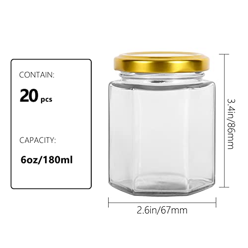 6oz Hexagonal Glass Jars with Gold Lids,20 Pack Glass Jam Jars Canning Jar for Honey,180ml Food Storage Jars for Spices,Nuts,Fruits,Baby Food or Handmade desserts
