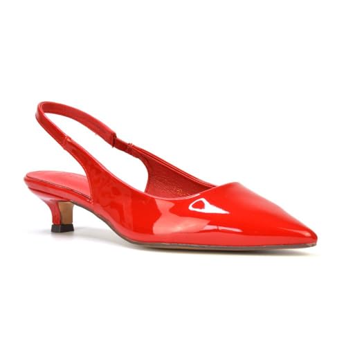 Womens Low Kitten Heel Shoes Ladies Slingback Sandals Pointed Toe Party Evening Red Patent Pumps Size 7