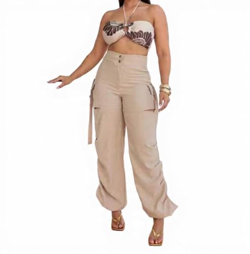 Calça cargo Parachute feminina cintura alta drapeada tendência moda gringa alfaiataria chique nova jogger blogueia (BR, Alfa, GG, Regular, Regular, BEGE)