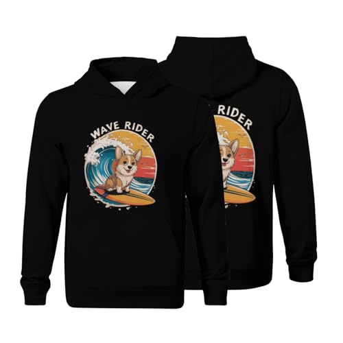 Kids Vintage Corgi Surfing on the Great Waves off Kanagawa Boys Girls Lightweight Kangaroo Pocket Fleece Hoodies - Main Image
