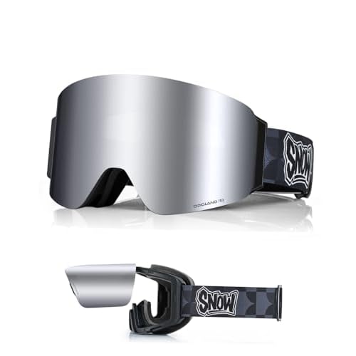 Odoland Flip Up Ski Goggles for Men Women, Anti-fog Magnetic OTG Flip-Up Snow Snowboard Goggles for Instant Defogging Black Frame Silver Lens
