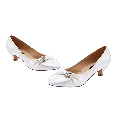 Image of ERIJUNOR Women Closed Toe Comfort Kitten Heels Rhinestones Satin Wedding Evening Dress Shoes