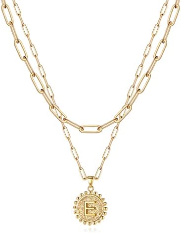 Yoosteel Gold Letter Necklaces for Women Girls, 14K Gold Plated Dainty Layering Paperclip Link Chain Necklace Personalized Initial E Coin Pendant Necklaces Gold Jewelry for Women Girls Gifts, Metal,