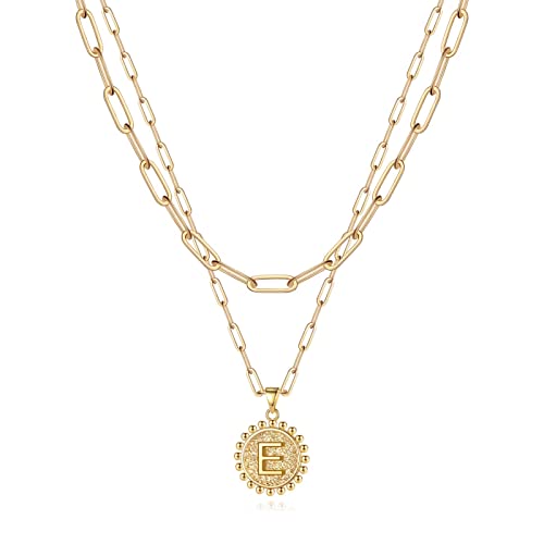 Yoosteel Gold Letter Necklaces for Women Girls, 14K Gold Plated Dainty Layering Paperclip Link Chain Necklace Personalized Initial E Coin Pendant Necklaces Gold Jewelry for Women Girls Gifts, Metal,