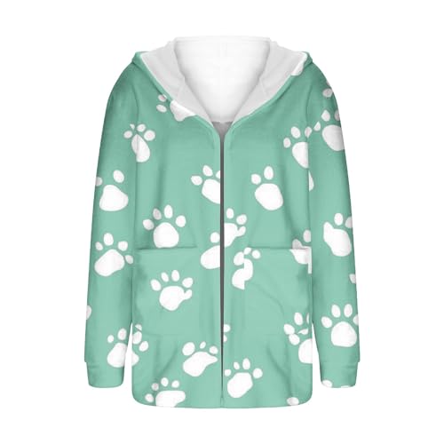 NZYIHAO Plüschjacke Damen Hundepfote Druck Winterjacke Warm Fleecejacke Kapuze Teddyjacke Lockere Übergangsjacke Fleece Strickjacke Winter Kapuzenjacke Teddy Wintermantel Open Front Fleecemantel