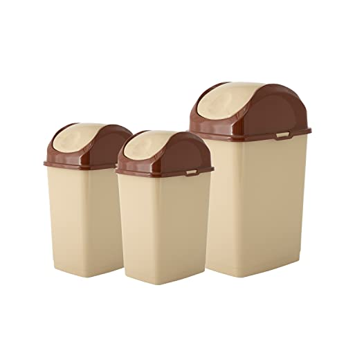 Image of Superio Swing Top Trash Can,Set of 3 Waste Bins for Home, Kitchen, Office, Bedroom, Bathroom, Ideal for Large or Small Spaces - White (Beige-10 qt+2 5 qt)