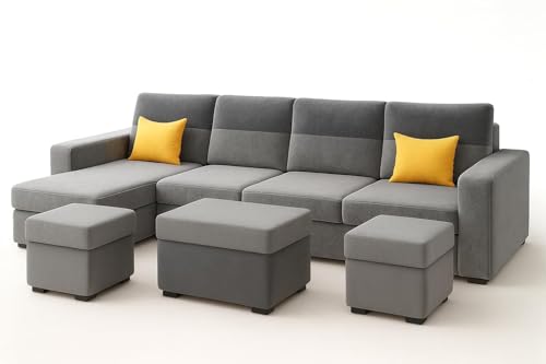 Image of FURNY Premium Christino 8 Seater Fabric LHS L Shape Sofa Set with 2 Ottoman + 1 Centre Table Ottoman for Living Room | with Velvet Fabric in Dark Grey & Light Grey