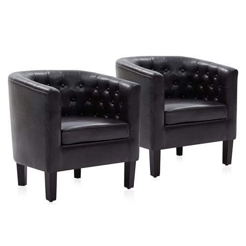 BELLEZE Brown Accent Chairs for Living Room, Set of 2 Elegant Arm Chairs, Upholstered Tufted Barrel Chairs Club Chairs for Bedroom with Sturdy Legs and Faux Leather - Berlinda (Brown)