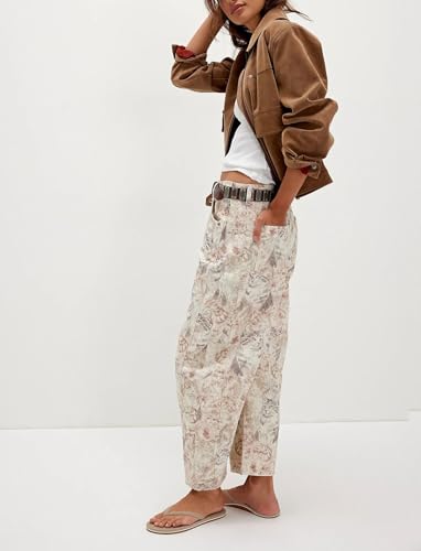 chouyatou Women's Y2k Baggy Wide Leg Denim Pants Boho Floral Printed Boyfriend Barrel Jeans with Pockets4