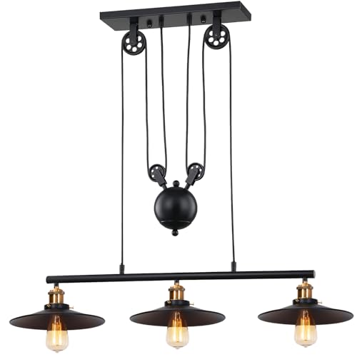 PETITES ECREVISSES Lustre Suspension 3 Lampes Industrielle Plafonnier Rétro avec Poulie en Métal Luminaire Suspension Intérieur Lampe de Plafond Réglable...