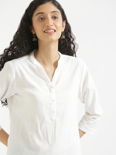 Image of SAADAA Women Short Kurti Airy Linen Regular Fit Kurta with 3 /4th Sleeves, Mandarin Collar, Side Slit Perfect for Casual, Formal, and Ethnic Wear