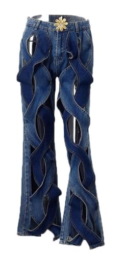 Womens Casual Straight Leg High Rise Cutout Metal Buttoned Jeans Denim Pants Streetwear2