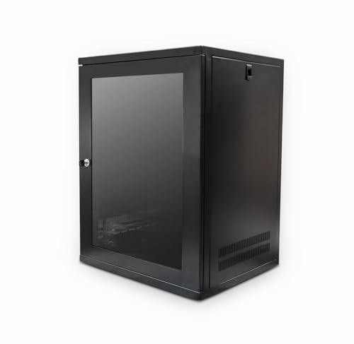 LMS Data Server Rack Data Cabinet - 18U 450mm Deep Wall Mounted 19 Inch Black Storage Rack with Glass Door, Removable Side Panels, Front-Rear Lockable (18U Glass Door)