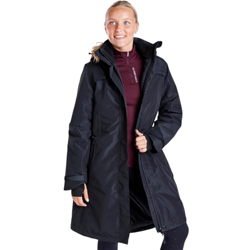 Harry Hall All-Weather Long Coat – Waterproof, Breathable, Thermal Fill, Rear Riding Vent, Magnetic Fasteners, Detachable Hood, Two-Way Zip - Black - M