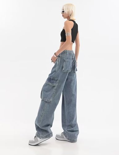 Perbai Women's Baggy Cargo Jeans Low Rise Wide Leg Denim Pants Y2K Streetwear with Pockets2