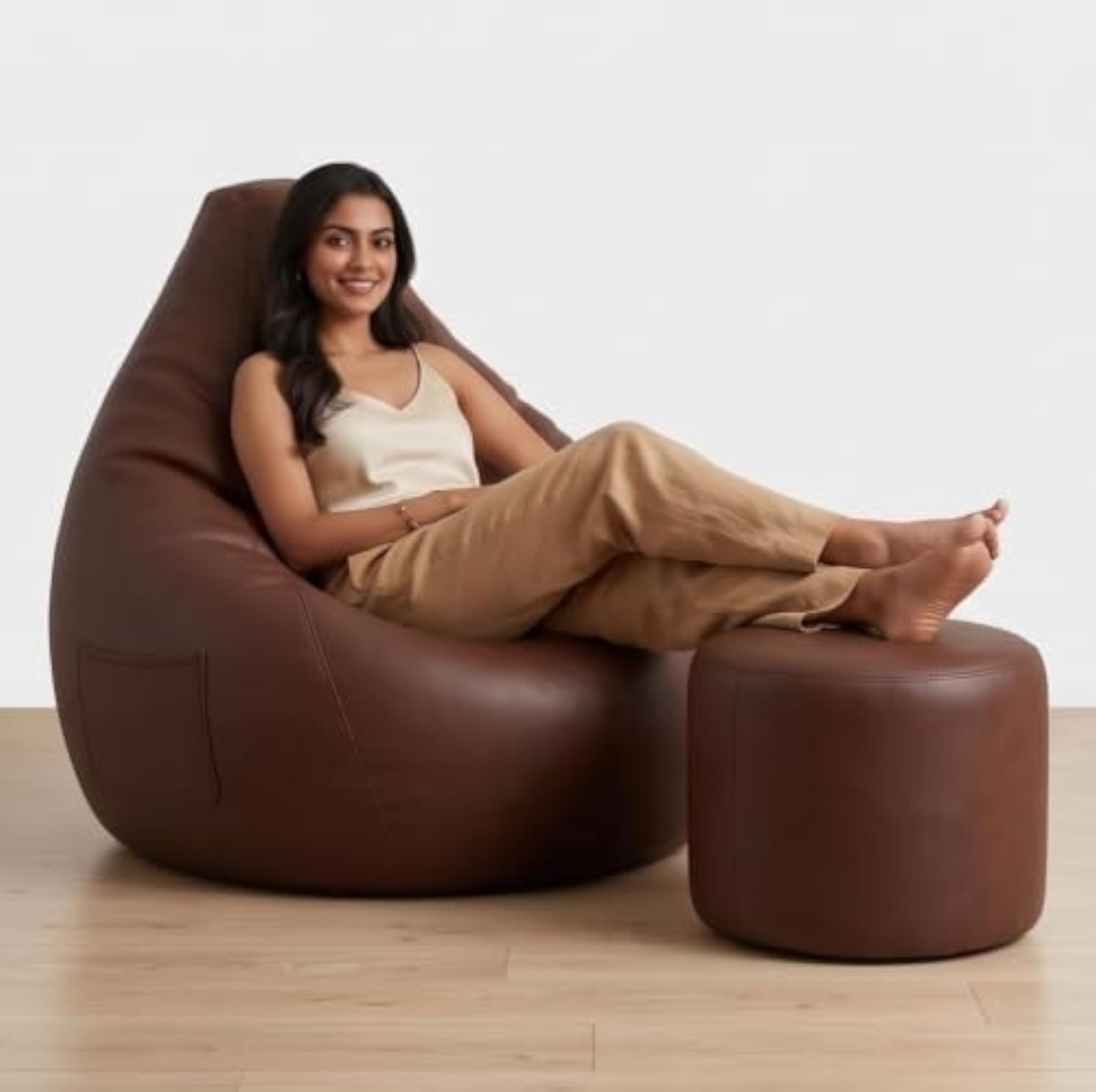 Leatherette Bean Bag Chair Cover with Free Pillow & Footrest