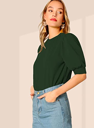 Image of Dream Beauty Fashion Women's Puff Sleeve Round High Neck Top Balloon Bishop Sleeve Elegant Casual Tee (23 inch Inches)- (Top Sofia P)