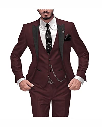 Mens Suits Peak Lapel 3 Pieces Business Tuxedos Groom Formal Suit4
