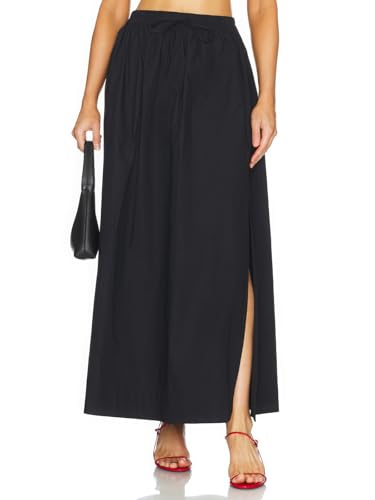 ebossy Women's Casual Long Cotton Skirt High Elastic Waist Side Slit A-line Maxi Skirts with Pockets2