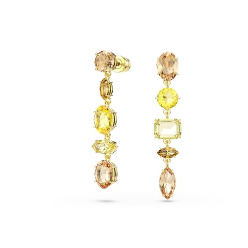 Swarovski Gema drop earrings, Asymmetrical design, Mixed cuts, Long, Yellow, Gold-tone Finish3