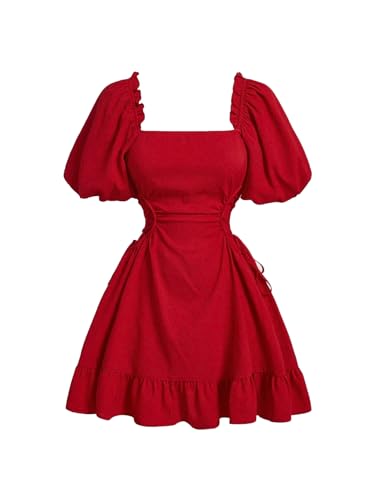 Women's Square Neckline Puff Sleeve Tie Side Dress,Ladies Boho Frill,Lace Up,Ruffle Hem Short Sleeve Square Neck (US, Alpha, X-Small, Regular, Regular, Red)