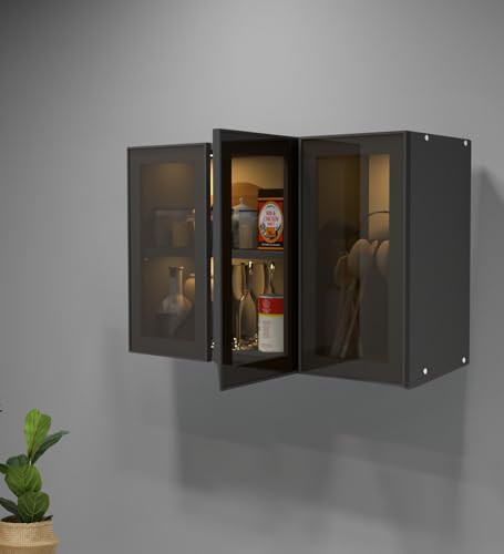 Image of SPECIALITY PANELS Aluminium Black Profile 3 Door Wall Cabinet | Brown Tinted Glass Handless Shutters | Wall Mounted Kitchen Storage Cupboard | Modern Space Saving Organizer | DIY Assembly