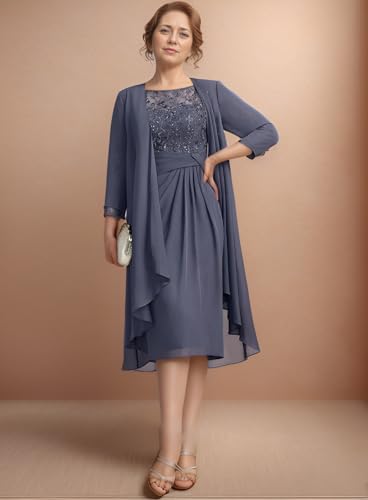 Women's Chiffon Two Piece Mother of The Bride Dress Tea Length Long Sleeve Lace Formal Wedding Guest Gown with Jacket4