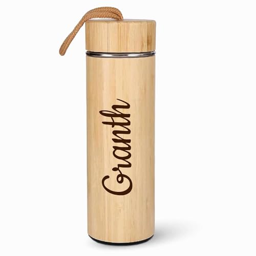 Image of Double Wall Customize Eco Friendly Bamboo Water Bottle Vacuum Insulated Personalized Your Name Logo Brand Flask Steel with Handle for Hot & Cold Drink 500ml