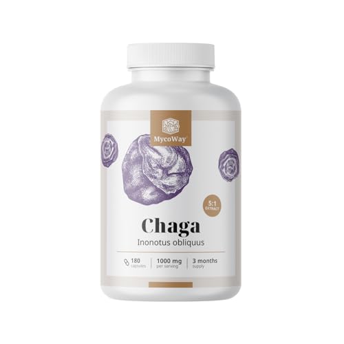 MycoWay Chaga 1000 mg 5:1 Extrakt Inonotus obliquus 180 Kapseln 500 mg pro Kapsel Natürliche Unterstützung für Körper und Geist Hochkonzentriert Vitalität