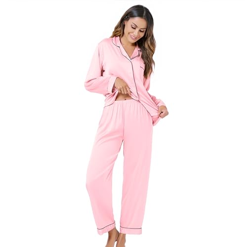 Xuepelit Satin Schlafanzug Damen Langarm Silk Pyjama Set Mit Knopfleiste Zweiteiler Loungewear Lang Elegant NachtwäSche Schlafshirt，Rosa XL