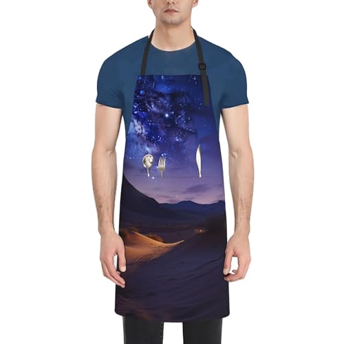 Foursssve Delantales de cocina para mujeres y hombres, delantal impermeable con bolsillos, delantal de chef ajustable para noche en el desierto, Como se muestra en la imagen, Talla única