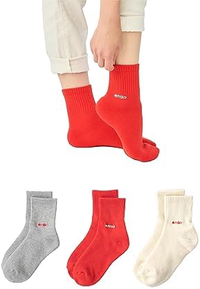 （13:00時点） [ホカロン] 靴下 レディース ミニクルー丈 ソックス パイル リブ 刺繍 21.5-24.5cm 3足セット レッド・グレー・オフホワイト