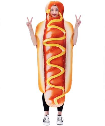 JUST FOR PARTY Hot Dog Costume for Unisex Adults,Cute Funny Food Cosplay Fancy Dress Outfits for Halloween Dress-Up Party,One Size