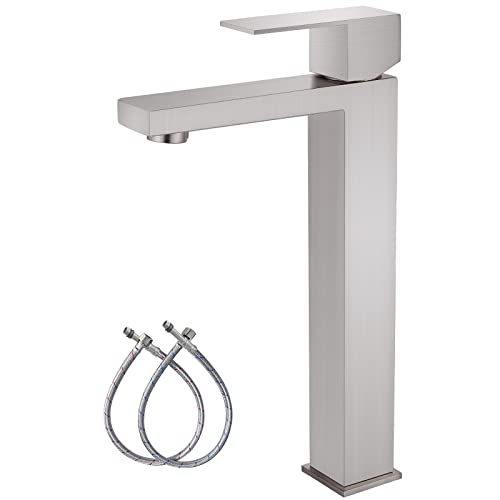Brushed Nickel Vessel Sink Faucet Bathroom Tall Faucet Single Handle SUS304 Stainless Steel One Hole Basin Mixer Tap Modern Vanity Faucet Deck Mount