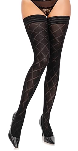 Plus Size Patterned Stay-Up Thigh Highs Venus 50, Semi‑Sheer 50 Denier, Diamond Honeycomb Pattern, Silicone Top