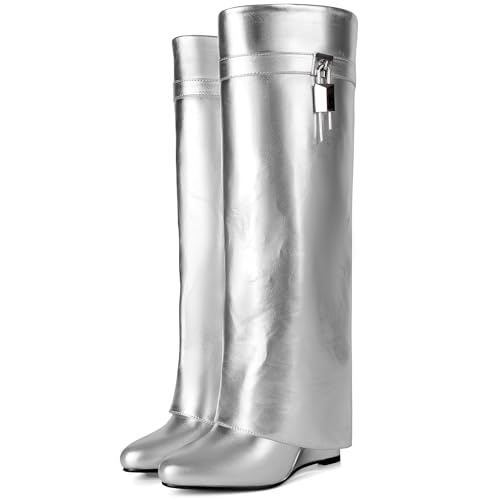 Image of Fold Over Boots for Women Pointy Pull-on Wedge Heel Knee Shark Boot With Side Zipper Padlock Design