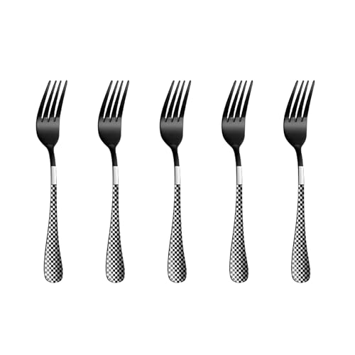 Image of 6.7 inch Charcoal Black Salad Forks Set of 5 with Checks Printed Handle ? Durable Stainless Steel Salad Forks, Mirror Polished Silverware, Perfect for Home, Restaurant, and Gifting