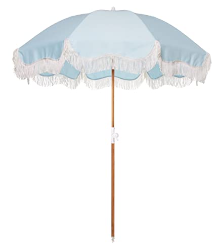 Business & Pleasure Co. Holiday Umbrella - Boho Beach Umbrella with White Fringe, UPF 50+, 1" Tilting Wood Pole, 5’ x 6.5’, Santorini Blue