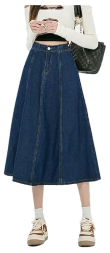Women's High Waist A-Line Long Denim Skirt Cotton Casual Mid-Calf Skirt