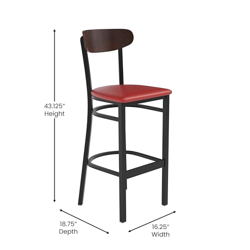 Image of Flash Furniture Wright Commercial Barstool - Walnut Finish Wood Boomerang Back - Red Vinyl Seat - 500 LB. Capacity Black Steel Frame - Integrated Footrest