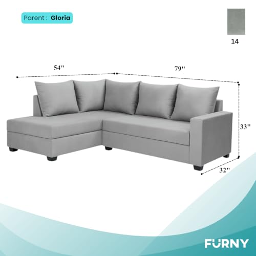 Image of FURNY Gloria 4 Seater Fabric LHS L Shape Sofa Set (Light Grey) Premium Velvet Finish | Durable Comfort | Ideal for Living Room