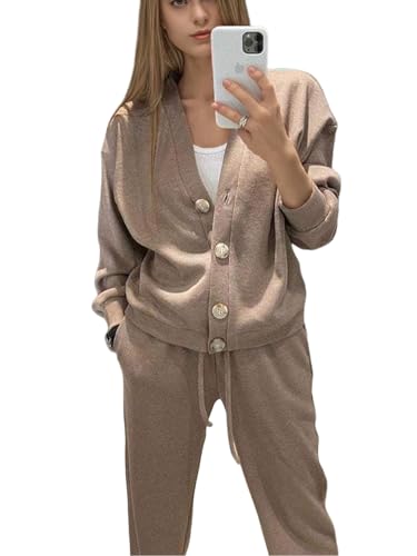 Veriliss 2 Pièces Gilet Femme Cardigan avec Bouton Col en V Manches Longues Et Pantalon Long