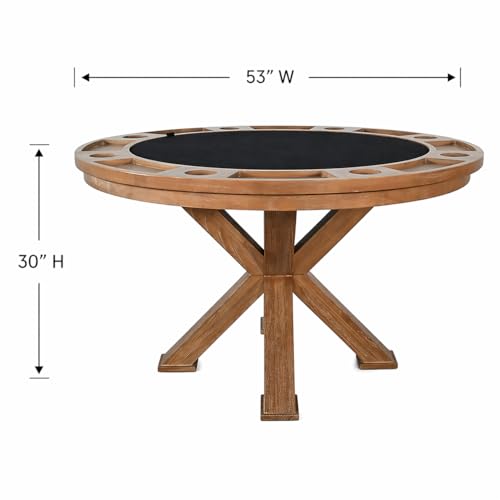 Pemberly Row Farmhouse Round Poker Dining Table, Natural Wood Finish, Reversible Top with Felt Surface, Built-in Cup Holders, Chip Trays, X-Shaped Pedestal Base, Versatile Dining and Game Room Use - Thumbnail 7