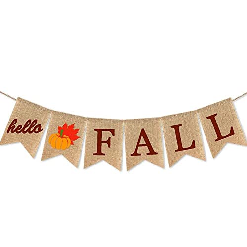SWHATYW Burlap Hello Fall Banner Pumpkin Autumn Party Supplies Thanksgiving Day Mantel Decoration