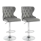 Set of 2 Adjustable Swivel Bar Stools, Velvet Upholstered Counter Height Chairs with Nailhead Trim, Silver Footrest, and High Back for Kitchen Island, Home Bar, Dining Room, Cafe, Gray