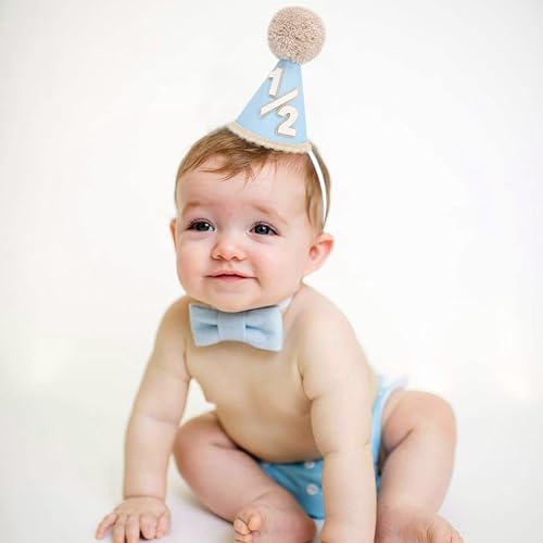 Jissoo Blue 1/2 Birthday Hat - Rustic Six Months Birthday Decorations,Half Way To One Party Hat Photo Props,Little One Half Cake Smash Decorations,1/2 Blue Hat Outfit