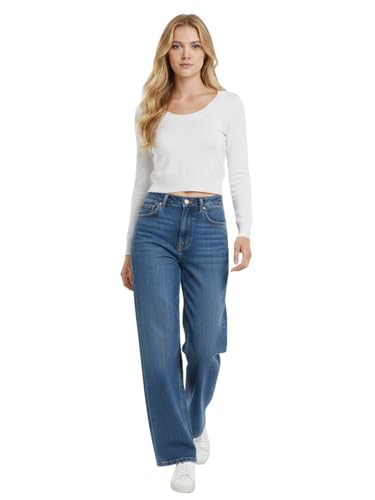 Image of Women's Crop Top Stretch Sweater - Long Sleeve Slim Bodycon Crewneck Casual Basic Solid Cropped Knit Pullover Top
