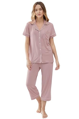 Image of Joyaria Bamboo Viscose Cooling Pajamas for Women Capri Button Front Pjs Set | Ideal for Night Sweats, Hot Sleeper Friendly, Breathable & Moisture Wicking, Short Sleeve Top