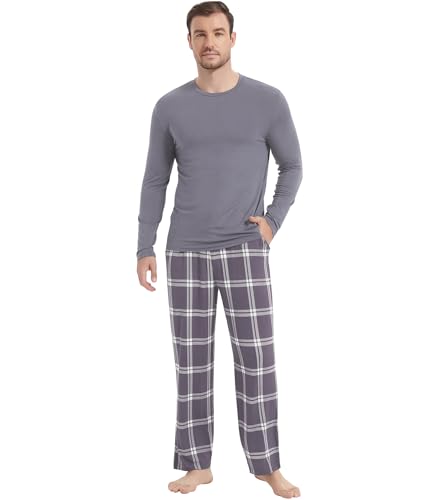 Image of NACHILA Pajamas for Men-Viscose Made from Bamboo, Long Sleeve Pajamas Set Comfy Sleepwear Pants Soft V Neck Pjs with Pockets